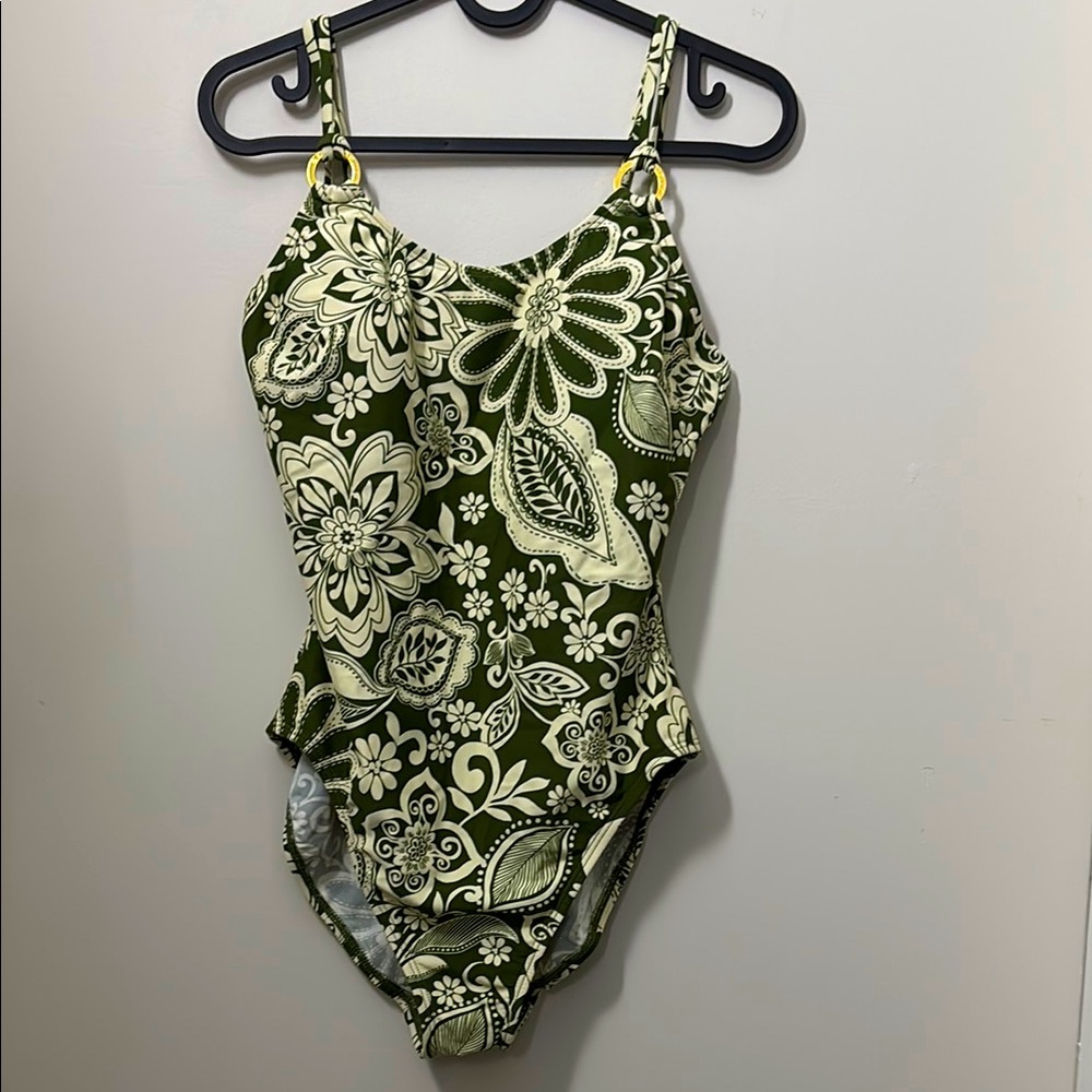 Catalina Green SIZE 12 one-piece swimsuit with a green and white floral pattern